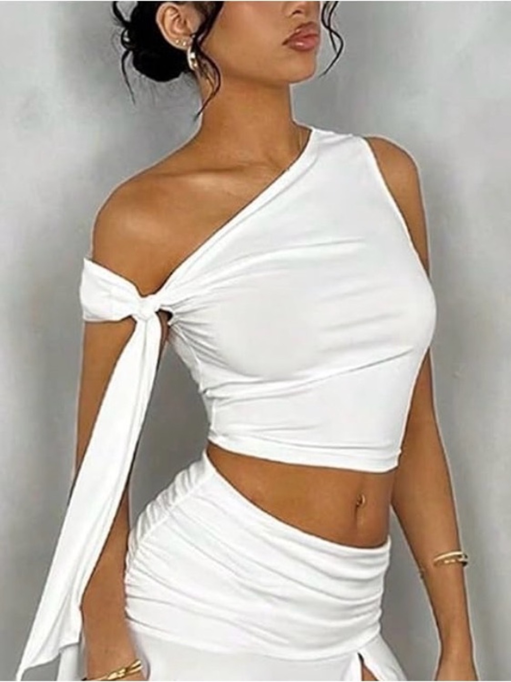 White One-Shoulder Knot Crop Top - Women's